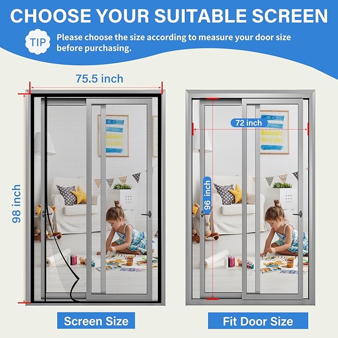 Magnetic Screen Door Left Right Side Opening Upgraded PET Mesh Greater Than Fiberglass and Polyester,Keep Bugs Out,Pet & Kid Friendly,Suitable for Sliding Doors,Patio French Doors-74" X 98"