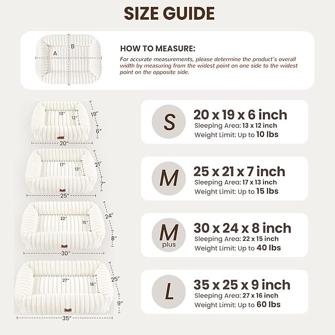 Washable Dog Bed for Small Medium Dogs - Rectangle Orthopedic Corduroy Fleece Pet Bed with Removable Cover and Nonskid Bottom, Calming Puppy Bed Soft Pet Sofa, Cream(30x24x8inchs)