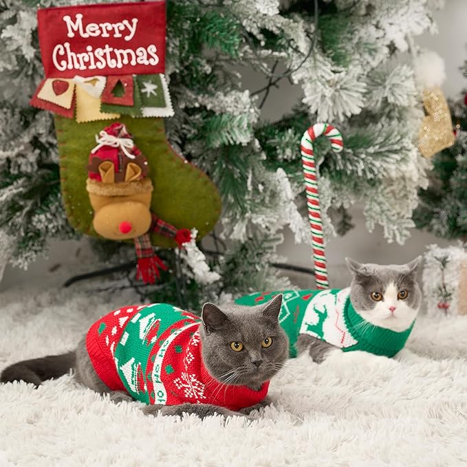 Stretchy Cat Christmas Sweater - 2 Packs Christmas Sweaters for Cats | Snug Winter-Ready Knit for Boy/Girl Cats & Kittens(Scarlet, Small)