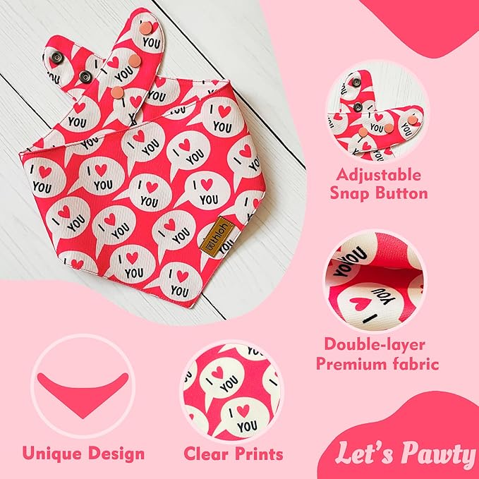 Valentines Dog Bandanas with Snap Button - 2 Pack Reversible Heart Dog Scarf for Boy & Girl, Premium Durable Fabric, Pet Bandana for Small Dogs (Small)