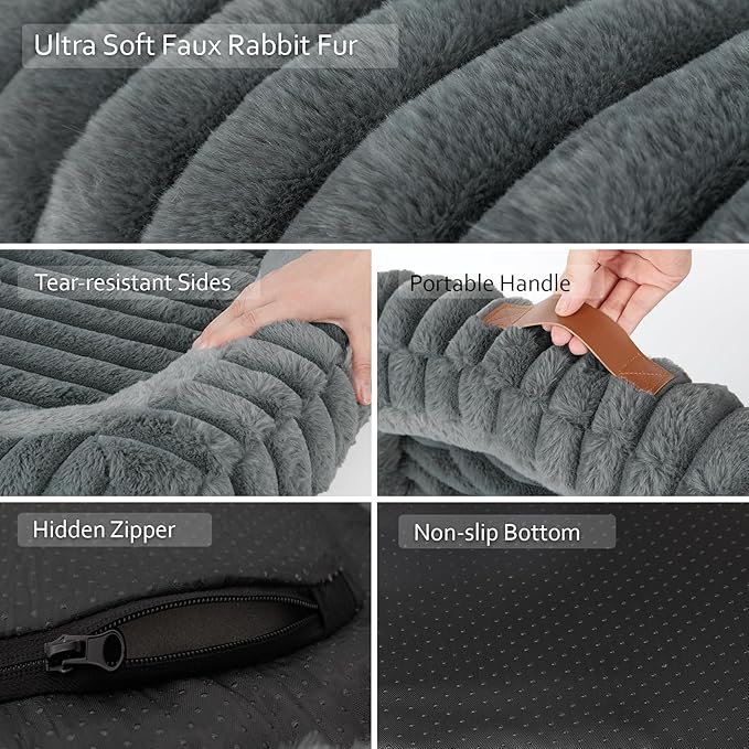 Orthopedic Dog Bed for Extra Large Dogs, Comfort-Sided Calming Pet Bed Couch with Breathable Memory Foam, Plush Faux Rabbit Fur & Anti-Slip Bottom, Machine Washable, 43"x31"x5.5", Grey