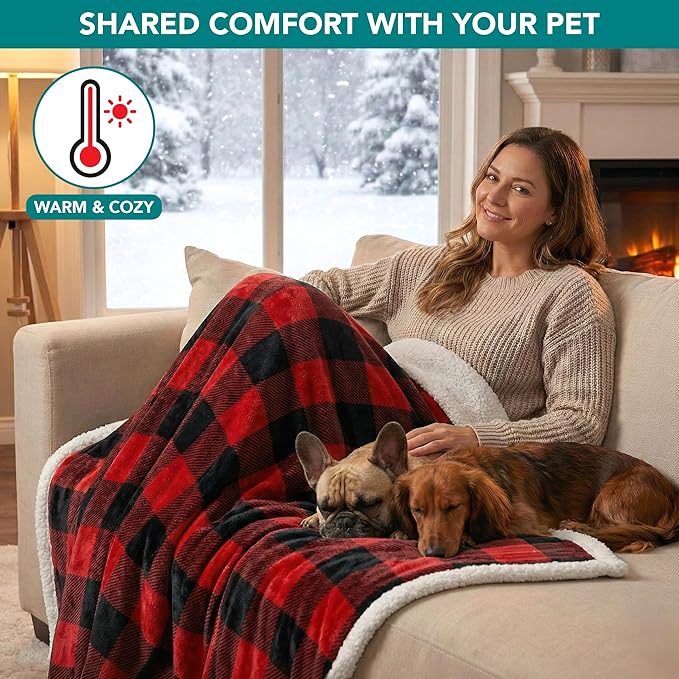 PetAmi Waterproof Dog Blanket for Small Medium Dog Puppy Cat Throw for Couch Cover Leakproof Protection, Sherpa Fleece, Reversible Soft Washable 29x40 Checker Plaid Red