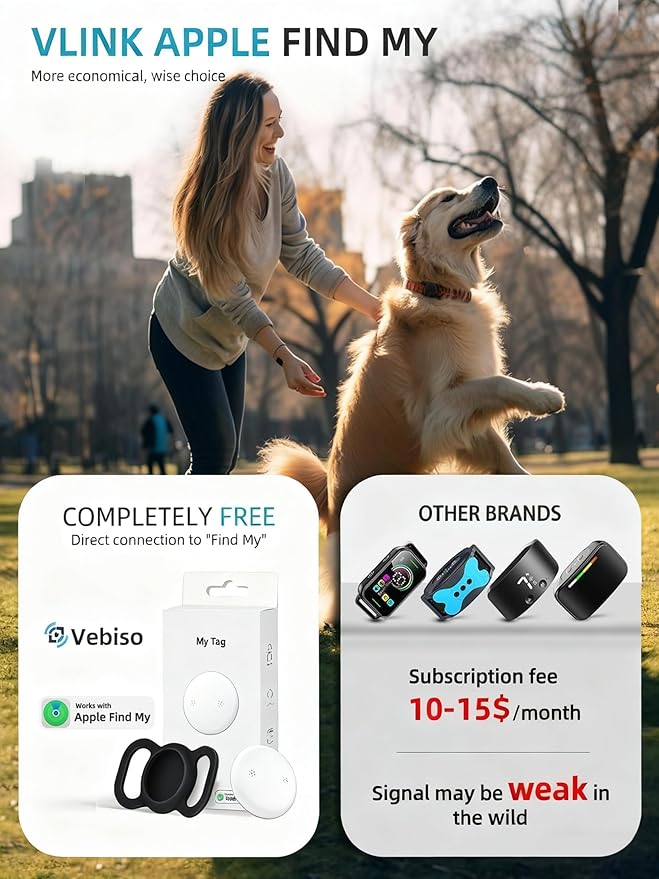 VB GPS Tracker for Dogs (2 Pack), Mini GPS Cat Tracker, Smart Pet Activity Tracker (iOS Only), No Monthly Fee, Compatible with Apple Find My, Anti-Lost, Finder Tag for Vehicles/Pets/Kids/Items