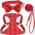 Beirui Cute Small Dog Harness Collar and Leash Set with Bowtie, Soft Adjustable Plaid Puppy Harness for Small Sized Dogs Cats Walks Parties and Photoshoots(Red,S:Chest 17-23")