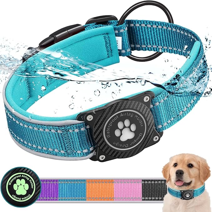 Airtag Dog Collar with Waterproof Air Tag Holder, Luminous Reflective, Soft Padded, Adjustable Nylon Pet Collar for Small Medium Large Heavy Duty Dogs,Blue, S