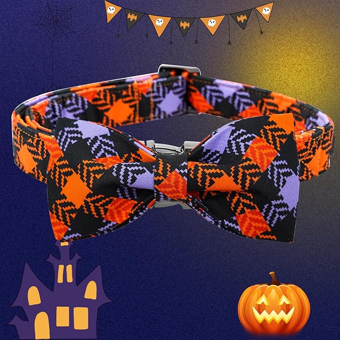 Halloween Dog Collar, Pet Collar Bow Plaid Collars Girl Boy Holiday Pet Collars Gift Bow Dog Collar Cute Soft Puppy Collar for Large Dogs