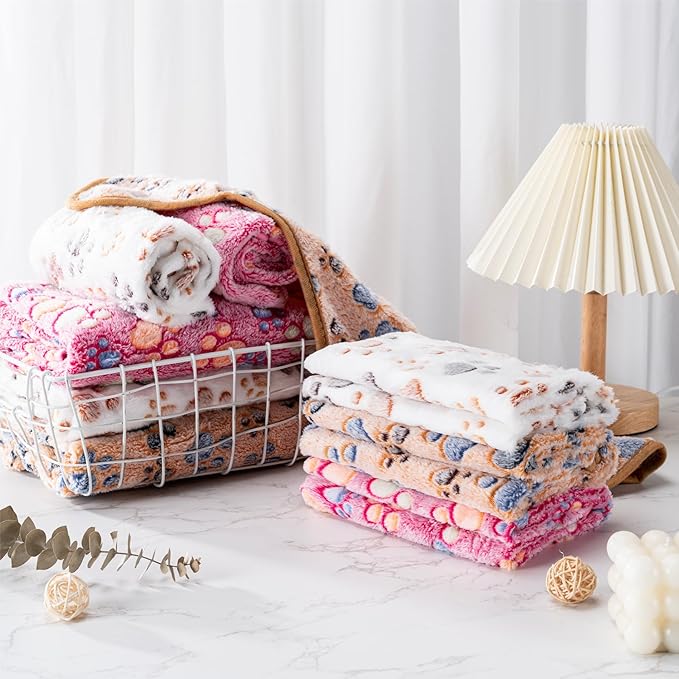 1 Pack 3 Blankets Super Soft Fluffy Premium Fleece Pet Blanket Flannel Paw Printed Throw for Dog Puppy Cat (Small 23x16'', Purple, Pink, Brown)