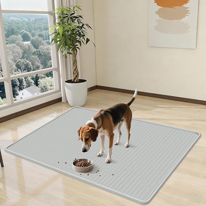 Silicone Cat & Dog Food Mat, 40"x 28" Extra Large Pet Feeding Mat for Cats and Dogs Bowl, Pet Placemat for Food and Water with Raised Edge, Waterproof, Leakproof (Grey)