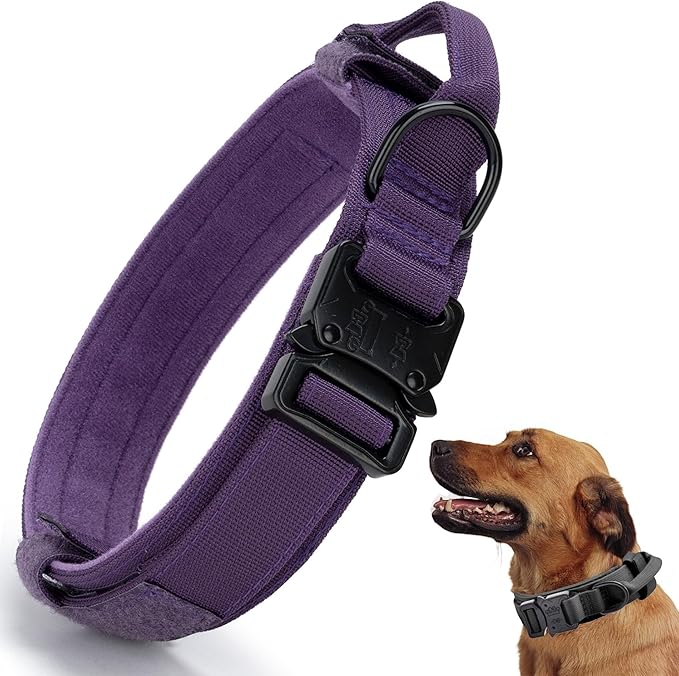 Tactical Dog Collar, Adjustable Military Training Nylon Dog Collar with Control Handle and Heavy Quick-Release Metal Buckle for Small Medium Large Dogs, Purple XXL