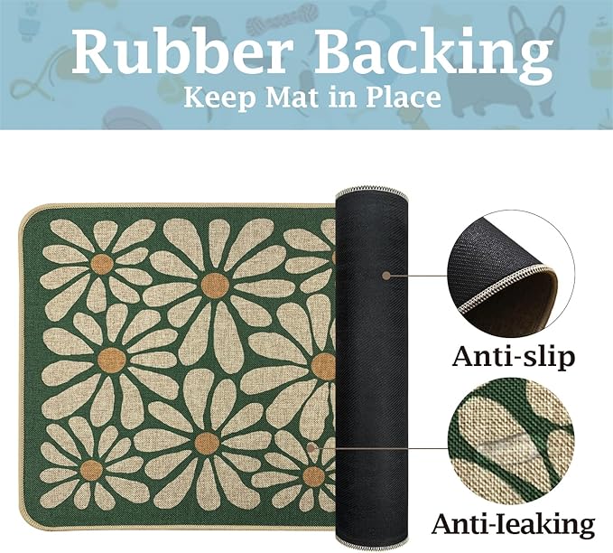 SHIYUE Dog Food Mats for Floors, Absorbent Cat Bowl for Food and Water, Non-Slip Accessories Pet Supplies(12"x20",Forest Green Flower)