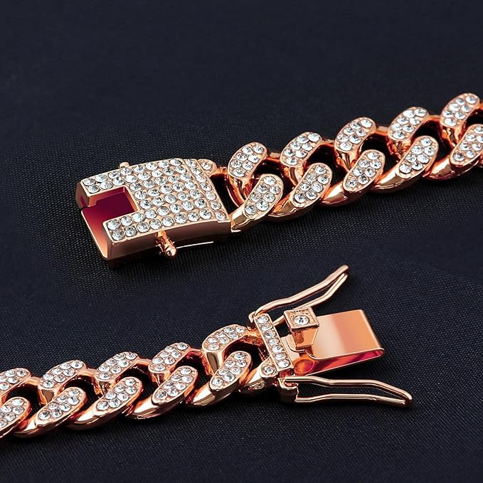 Cuban Link Dog Chain Collar Rose Gold Crystal Dog Necklace Metal with Design Secure Buckle Pet Collar Jewelry Accessories for Small Medium Large Dogs Cats(Rose Glod 20inch)