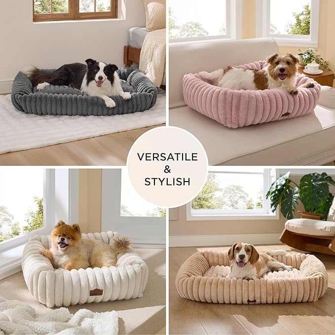 Bedsure ComfyFleece™ Cute Dog Bed Medium Size Dog - Washable Furry Puppy Beds, Rectangle Orthopedic Corduroy Fleece Pet Beds with Removable Zipper Cover, 30x24x8inches, Cream