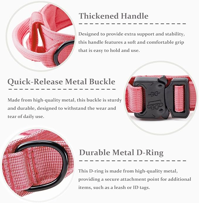 Tactical Dog Collar, Adjustable Military Training Nylon Dog Collar with Control Handle and Heavy Quick-Release Metal Buckle for Small Medium Large Dogs, Light Pink XL