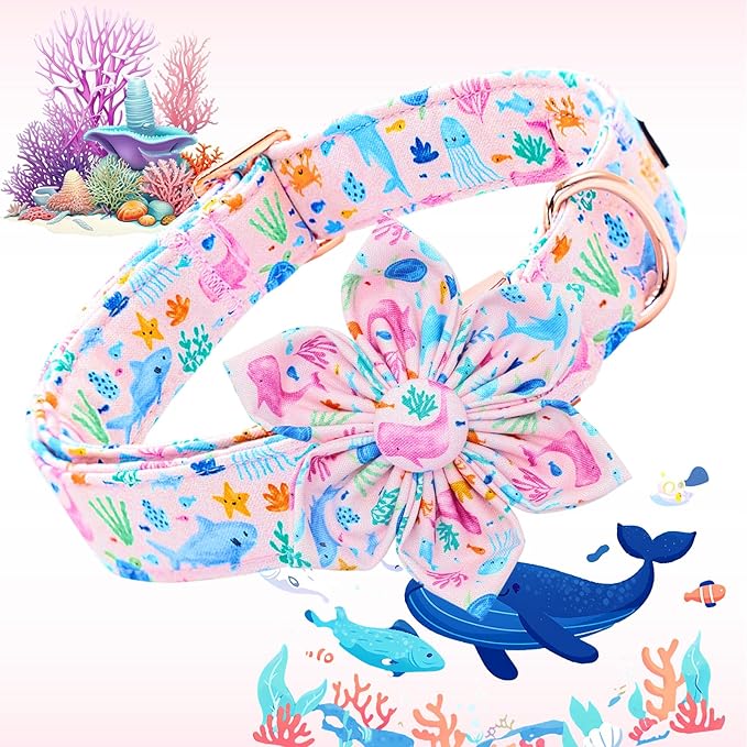 Lionheart glory Dog Collar Flower Collar Pink Dog Collars with Flower Summer Cute Sea Animals Print Collar Dog Female Soft Durable Adjustable Dog Collars for Large Dogs