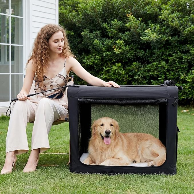 Dog Travel Crate 36 Inch, Portable Soft-Sided Travel Carriers for Dogs and Cats, Foldable Pet Kennel with 3-Doors Mesh Windows Indoor & Outdoor, Black