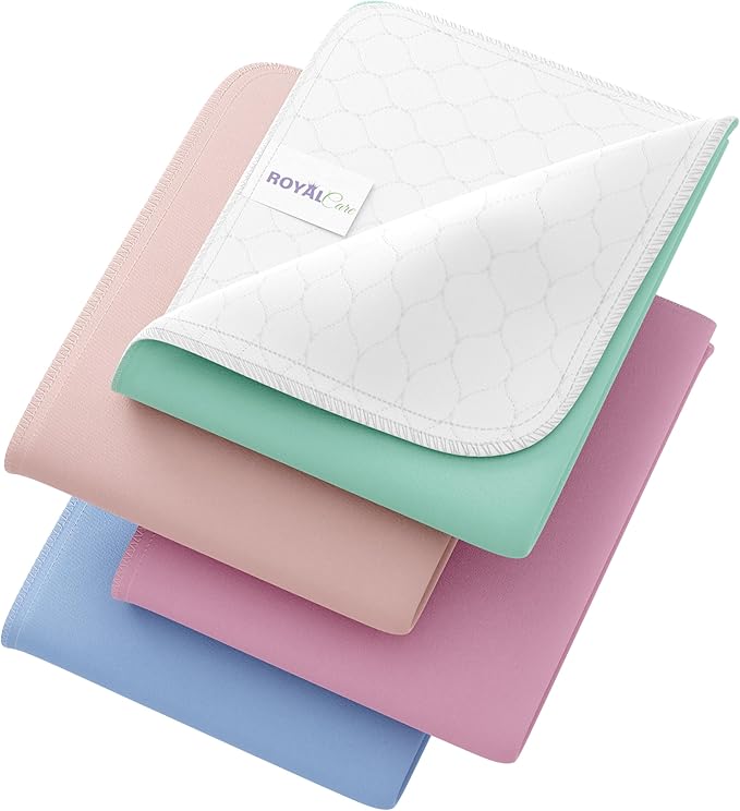 Incontinence Bed Pads - 4 Pack 34" x 36" Reusable Waterproof Mattress Protectors - Highly Absorbent, Machine Washable - for Children, Pets and Seniors - Multi Color - Royal Care