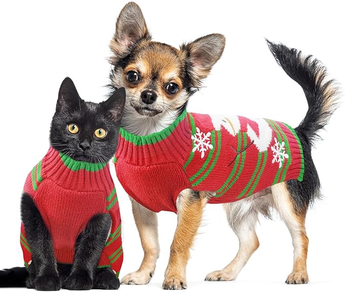 Dog Christmas Sweater Cute Snowman Puppy Cat Costume Boy Girls Xmas Holiday Pet Clothes New Year Outfits Gifts for Small Medium Large Dogs (XL, Red Green Stripe Snowman)