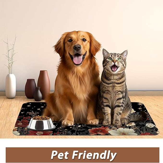 Moon Butterfly Pet Feeding Mat,Vintage Garden Luxury Absorbent Quick-Dry Cat Dog Food and Water Bowl Mats,Non-Slip Rubber Backing Mat,Cat Dog Accessories Supplies 16"x24"