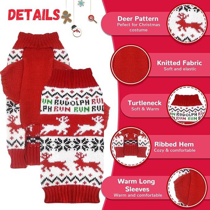 Dog Christmas Sweater Xmas Pet Clothes Cute Reindeer Christmas Dog Costume Outfits Holiday Knitwear Puppy Cat Jumpers New Year Gifts for Small Medium Large Dogs(Red Runing Deer,XL)