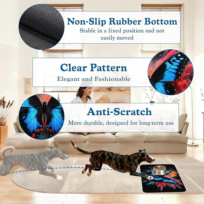 Blue Butterfly on Blooming Pet Feeding Mat–Christmas Stocking Quick Dry Absorbent Dog Cat Food Mat, Non Slip Waterproof Bowl Placemat for Messy Eaters, Pet Accessories for Floors 16"x24"