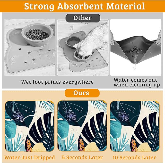 Tropical Palm Dog Food Mat,Exotic Leaves Floral Absorbent Pet Feeding Mat for Food and Water Bowl,Quick Dry Dog Placemat Non Slip Rubber Backing Waterproof Pet Supplies 12" x 20"