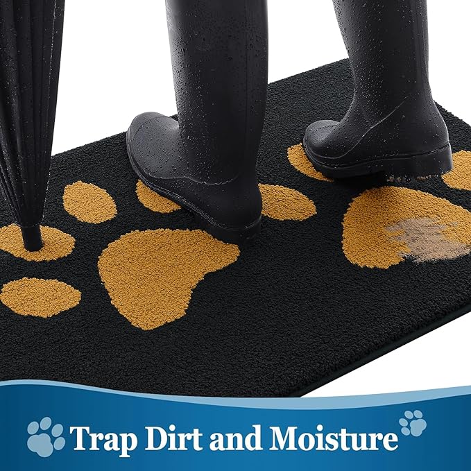 Buganda Dog Door Mat for Muddy Paws, Absorbent Dirt Trapper Washable Indoor Doormats, Non Slip Low-Profile Mud Mat for Dogs, Front Entrance Doormat for Inside Floor (30x20 Inches, Black and Yellow)