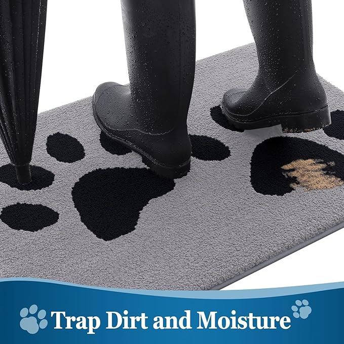 Buganda Dog Door Mat for Muddy Paws, Absorbent Dirt Trapper Washable Indoor Doormats, Non Slip Low-Profile Mud Mat for Dogs, Front Entrance Doormat for Inside Floor (47x32 Inches, Grey)