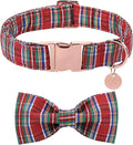 Christmas Plaid Dog Collar with Bow, Red and Blue Check Adjustable Pet Collar with Quick Release, Christmas Stripes Bowtie Collar for Small Medium Large Dogs XS