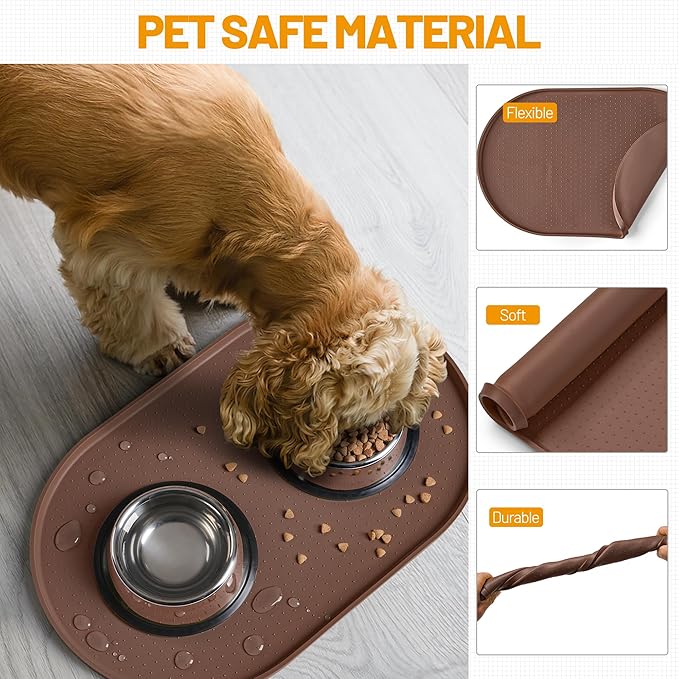 Hubulk 100% Waterproof Silicone Pet Feeding Mat with Raised Edge for Food and Water, Dog Bowl Mats, Cat Bowls Placemat with High Lip Protects Floor for Cats and Dogs (Brown, 24" L x 16" W)