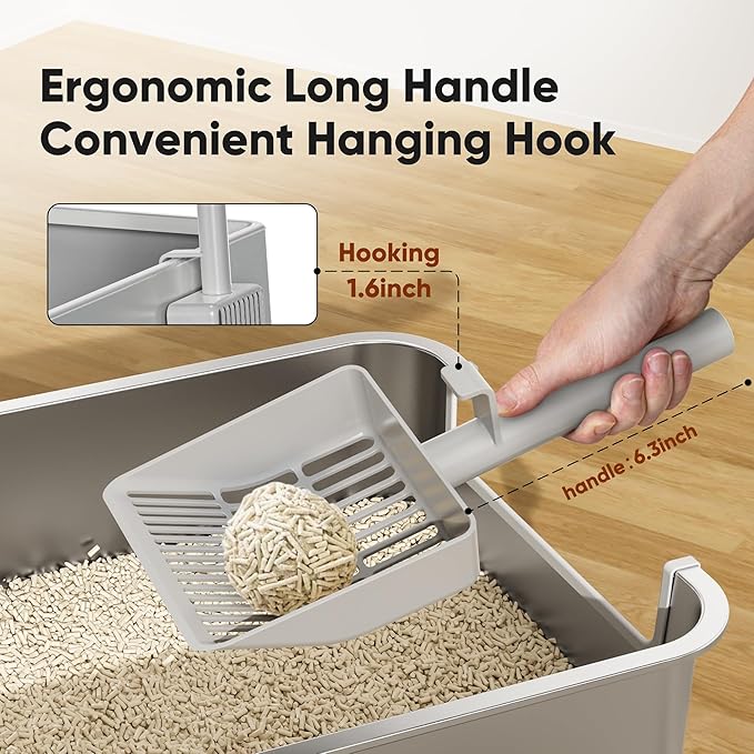 Large Cat Litter Scoop, Heavy-Duty Litter Scoop with Dual Sifting Holes for Fast & Fine Clumping, Kitty Litter Scooper with Long Handle & Easy-to-Hang Hook for Litter Box