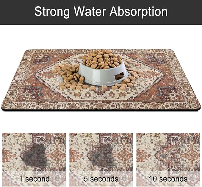 Dog Food Mats for Floors, Absorbent and Quick-Drying Pet Cat Food Mat,Anti-Fouling and Easy-to-Clean Pet Feeding Mat,Dog Bowl Mat for Messy Drinking Water Bowls.12 x20, Bohemia Style