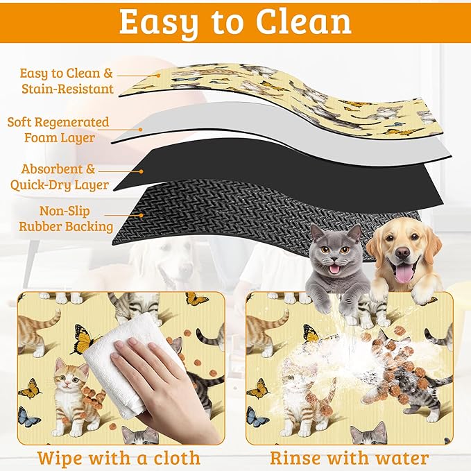 Dog Bowl Mat,Cute Cats Pet Feeding Mat for Floors Waterproof,Butterfly Absorbent Dogs Placemat for Food and Water Quick Dry Pet Cat Feeding Mats with Non Slip Bottom 12" x 20"