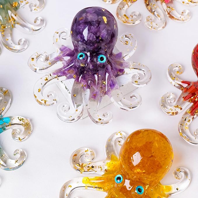 Octopus Decor Aquarium Decorative Resin Glass with Natural Crystal Stone Marine Animals Fish Tank Ornaments Statue Healing Home Decor Ladies Gift 3.93"