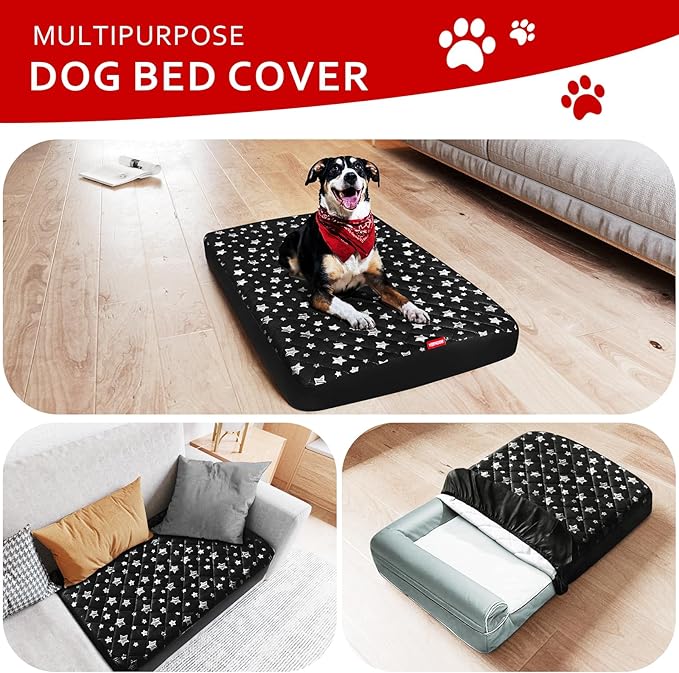 Waterproof Dog Bed Covers Replacement Washable Pet Hair Easy to Remove, Noiseless Quilted Puppy Pet Bed Cover Lovely Black Star Print 44x54 Inches, for Dog/Cat, Cover Only