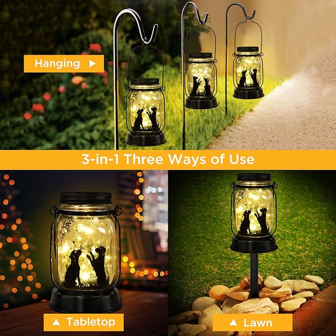 kyoryuger Dog Solar Lanterns 3in1 Dog Lights Garden Decor Gifts for Women Mom Grandma Unique Teen Girl Gifts for Dog Lovers Decorative Pet Memory Lanterns for Yard Lawn Patio Landscape