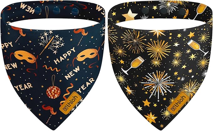 Happy New Year Dog Bandanas with Snap Button, 2 Pack Adjustable Bandanas for Small, Medium, and Large Dogs, Pet Scarf for Holiday Costume Accessory & Photo Shoot (X-Large)