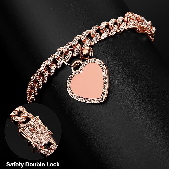 Hillban Dog Chain Gold-Plated Diamond Collar with Heart Rhinestones Jewelry Pet ID Tag Chain Bling Puppy Collar with Personalized Name Tag for Small Medium Large Dog Cat(Rose Gold,16 Inch)