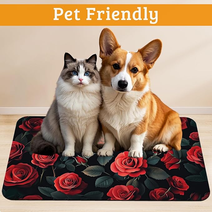 Retro Rose Feeding Mat,Green Leaf Absorbent Quick-Dry Cat Dog Food and Water Bowl Mats,Non-Slip Rubber Backing Mat,Cat Dog Accessories Supplies 16" x 24"