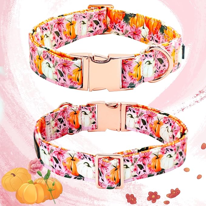 Fall Dog Collar, Pink Flower Pumpkin Print Adjustable Pet Collar Cute Cotton Soft Collars with Bow Tie Metal Buckle Holiday Puppy Collars Boy&Girl Gift for X-Large Dogs