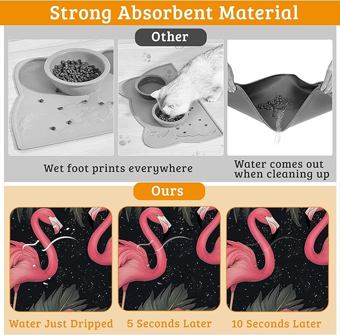 Pet Feeding Mat,Pink Flamingo Absorbent Dog Cat Food Mat Palm Leaves Dog Mat with Rubber Backing,Non-Slip Water Bowl Placemat,Pet Supplies 12" x 20"