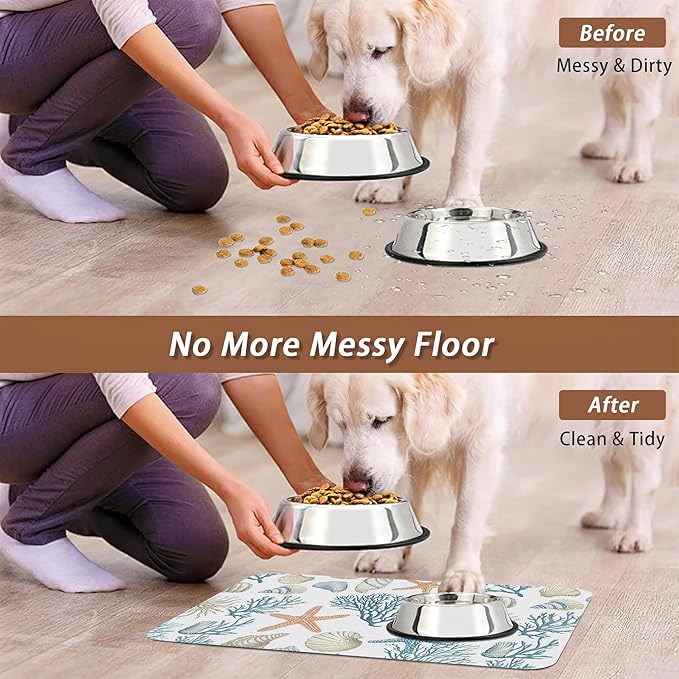 Starfish Dog Food Mat for Floors,Coral Shell Ocean Absorbent Quick-Dry Pet Feeding Mat, Cat Dog Bowl Mats for Food and Water,Non-Slip Pet Accessories Supplies 12"x20"