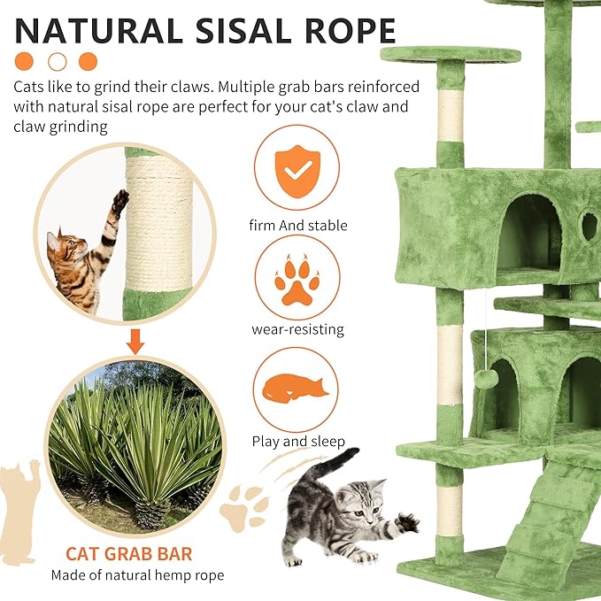 BestPet 54in Cat Tree Tower for Indoor Cats,Multi-Level Cat Furniture Activity Center with Cat Scratching Posts Stand House Cat Condo with Funny Toys for Kittens Pet Play House,Green