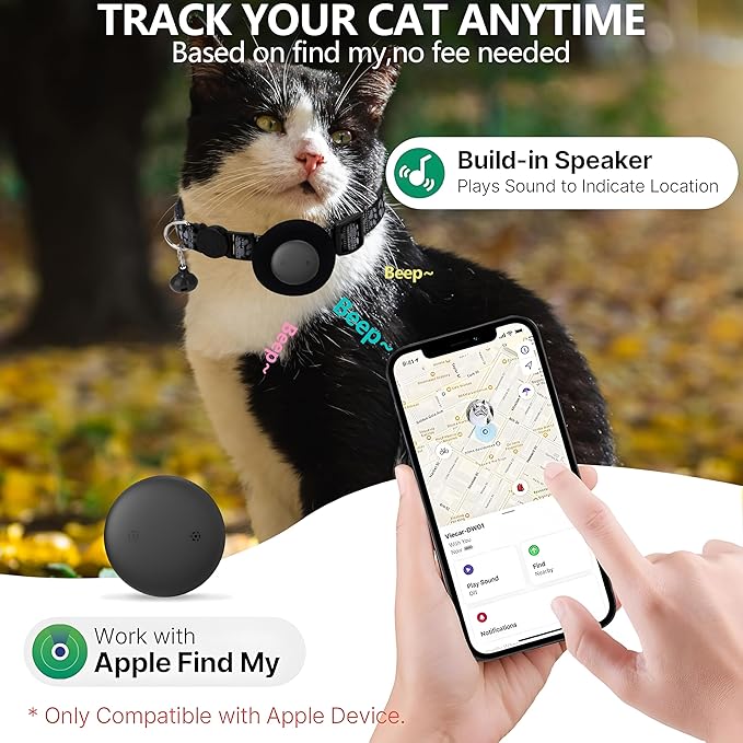 GPS Tracker for Cats, Mini GPS Pet Tracker with Collar, IPX8 Waterproof Cat Trackers Collar,No Monthly Fee,Work with Apple Find My(iOS Only),Smart Trackers for Pets-Black-2
