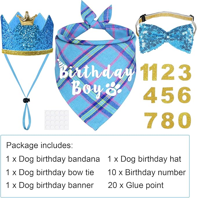 Dog Birthday Party Supplies, Multi Sizes Dog Birthday Hat Crown with Numbers Bandana Boy Bow Tie for Small Dogs Pets (Light Blue, Small)