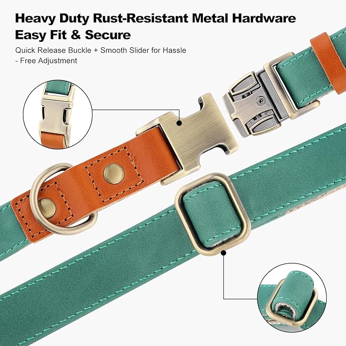 Plutus Pet Genuine Leather & Hemp Dog Collar – Adjustable Heavy Duty Pet Collar with Quick Release Metal Buckle, Soft & Stylish for Puppy and Small, Medium, Large Dogs (Green, M)