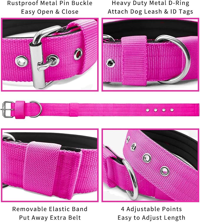 Heavy Duty Tactical Dog Collar - 1.5" Width Military Durable Thick Nylon with Adjustable Metal D Ring & Buckle Working Training K9 Collar for Medium Large Dogs (L(20"-23"), Hot Pink)