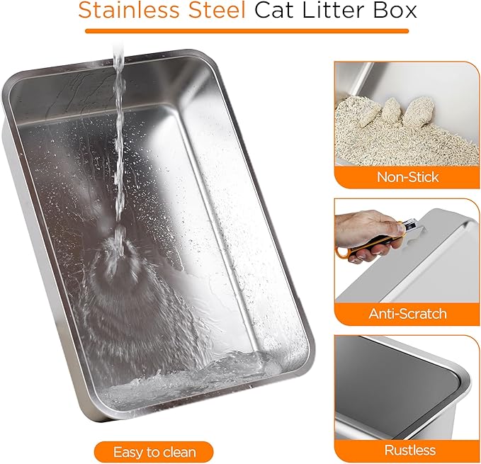 Anywish Stainless Steel Cat Litter Box with Lid, XL Extra Large Enclosed Removable Metal Litter Box with Litter Scoop&Double Layer Litter Mat, Non-Sticky, Non-Odor, Easy Cleaning, for Big Cats, Grey