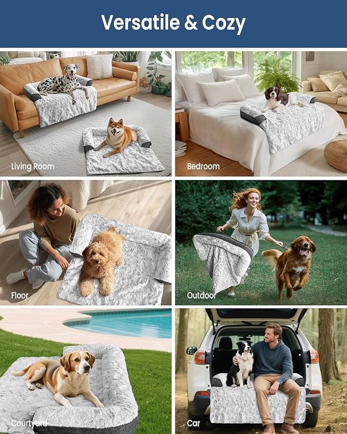Calming Extra Large Dog Bed for Couch, 53 x 39.3 inch Removable Couch Cover for Dogs Washable, Non-Slip Fluffy Plush Dog Sofa Mat for Furniture Protector - Grey