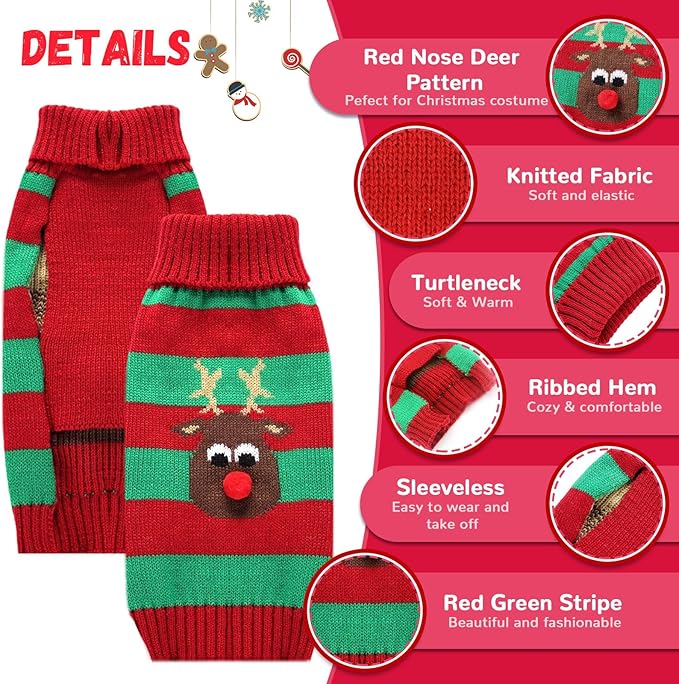 Dog Cat Christmas Sweater Boy Girl Ugly Reindeer Xmas Pet Clothes Holiday Puppy Costume New Year Gifts for Small Medium Large Dogs Outfits (XS, Red Green Stripe Reindeer)