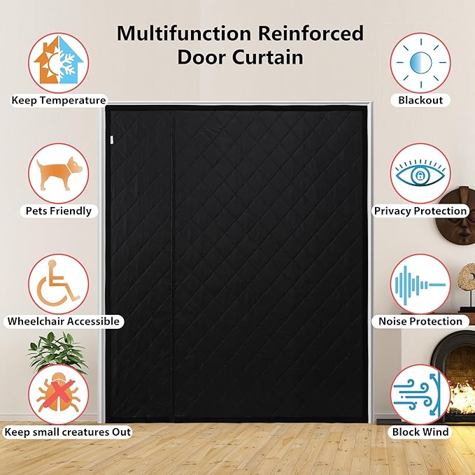 Reversible Wide Magnetic Thermal Insulated Door Curtain for Winter,Thicken Polyester Fiberfill & Heavy Duty Oxford Cloth,Temporary Window Insulation Cover Curtain for French Sliding Door,62”x81”